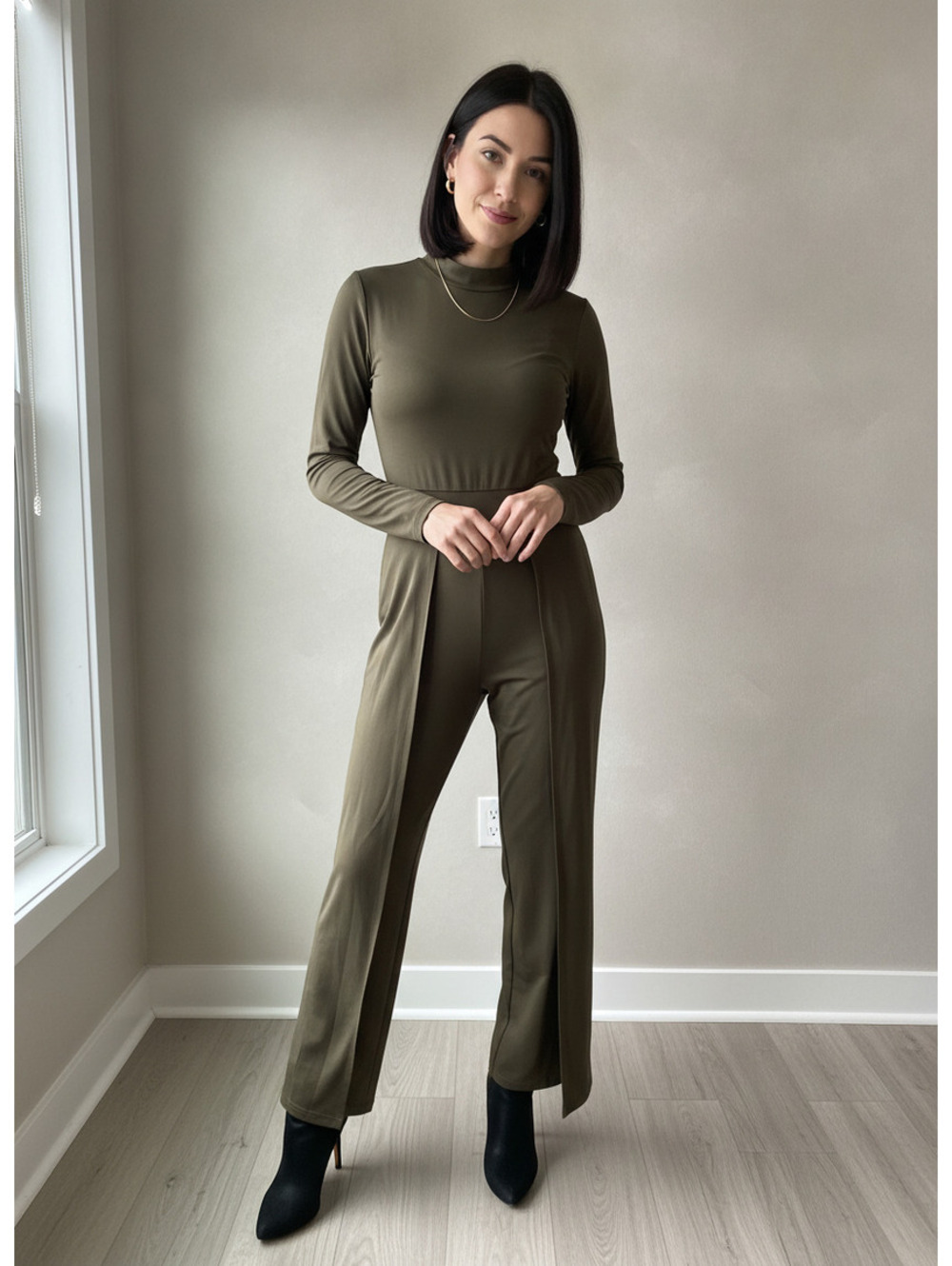 NIB Olive/Red/BLK Long Sleeve Mock Neck Jumpsuit for Women